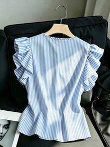 Franclia 女士休闲百搭荷叶边喇叭袖白色衬衫，V领套头衫，波点衬衫，波点印花上衣，短袖衬衫，印花背心，夏季度假装 - 藍白色 - 查看 2