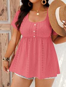 EMERY ROSE Plus Size Women's Solid Color Pleated Casual Versatile Daily Short Sleeve T-Shirt - Coral Pink - View 5