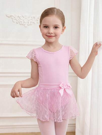 Bộ đồ múa ba lê hai mảnh màu hồng phối ren cho bé gái, bao gồm áo liền quần và váy co giãn thân thiện với da, trang phục tập luyện ngoài trời bằng vải dệt kim, đồ thể thao thoải mái.