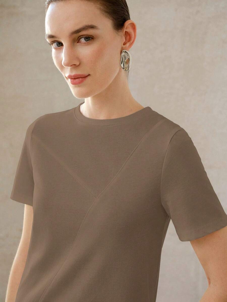 MOTF PREMIUM WOMEN'S SUMMER SOLID COLOR ASYMMETRIC SPLIT DESIGN ALL-MATCH VERSATILE ROUND NECK SHORT SLEEVE T-SHIRT - Coffee Brown - View 2