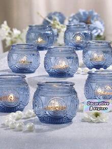 Set Tempat Lilin Kaca Biru Antik Isi 6 atau 12 Buah Dekorasi Meja Pernikahan Gaya Boho Pesta Teh Suvenir Pesta Pengantin Hiasan Tengah Meja Rustic Hadiah untuk Tamu - biru - View 1