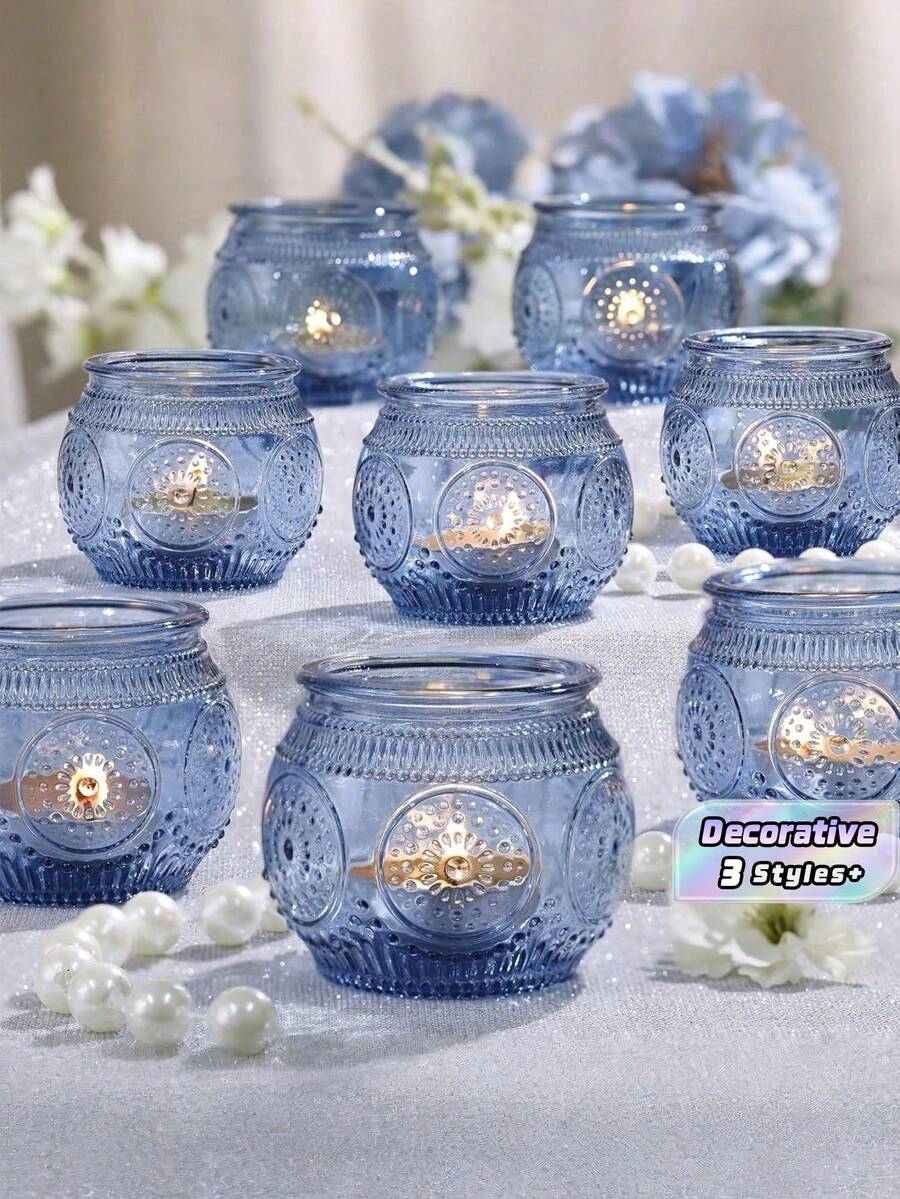 Set Tempat Lilin Kaca Biru Antik Isi 6 atau 12 Buah Dekorasi Meja Pernikahan Gaya Boho Pesta Teh Suvenir Pesta Pengantin Hiasan Tengah Meja Rustic Hadiah untuk Tamu - biru - View 1