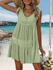 Swim Vcay Busana Musim Panas untuk Wanita, Atasan Tanpa Lengan Warna Polos Sederhana untuk Pakaian Sehari-hari di Musim Panas - Limelight Green - View 4