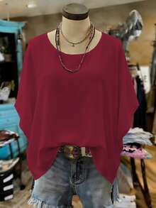 EMERY ROSE Plus Size Women Summer Top,Burgundy Sommar Smart Casual Vacation Lightweight Minimalist Batwing Sleeve Crew Neck Pullover Solid Comfortable Homewear - Burgundy - View 3