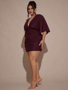 SHEIN BAE Plus Size Women V-Neck Mini Green Christmas Dress - Maroon - View 5