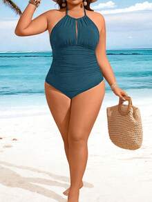 SHEIN Swim 2026新款夏季沙滩度假休闲基础款纹理面料大码女式连体泳衣 - 水鴨藍 - 查看 6