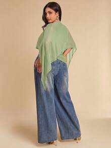 SHEIN BAE 大码女式纯色修身时尚斗篷上衣，喇叭袖 - 薄荷綠 - 查看 2