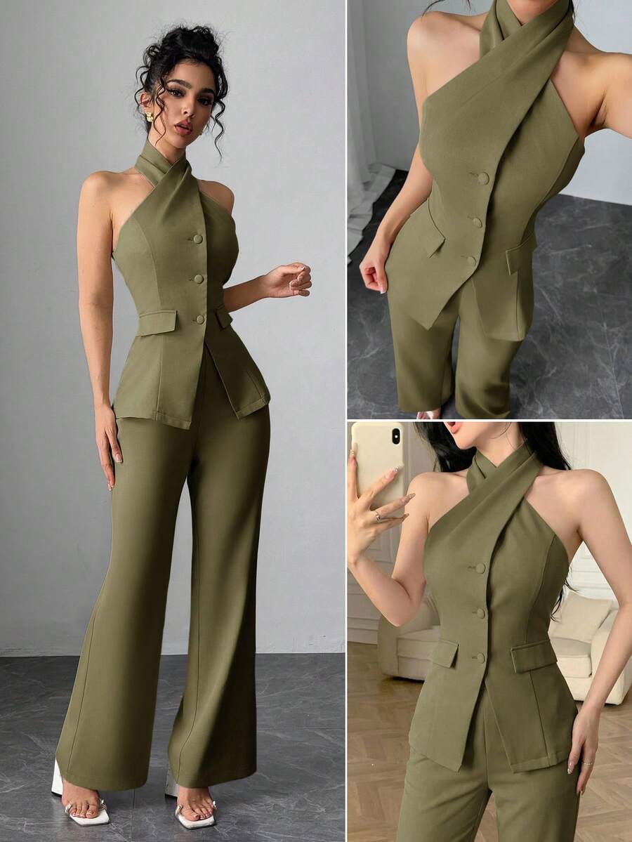 Modelyn 女士纯色吊带上衣和喇叭裤两件套,时尚通勤装 - 軍綠色 - 查看 1