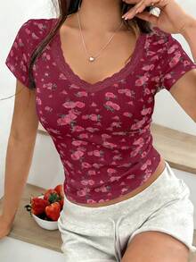 EMERY ROSE Women's Sweet Floral Print Lace Collar Patchwork Cropped T-Shirt - Rusty Rose - View 4