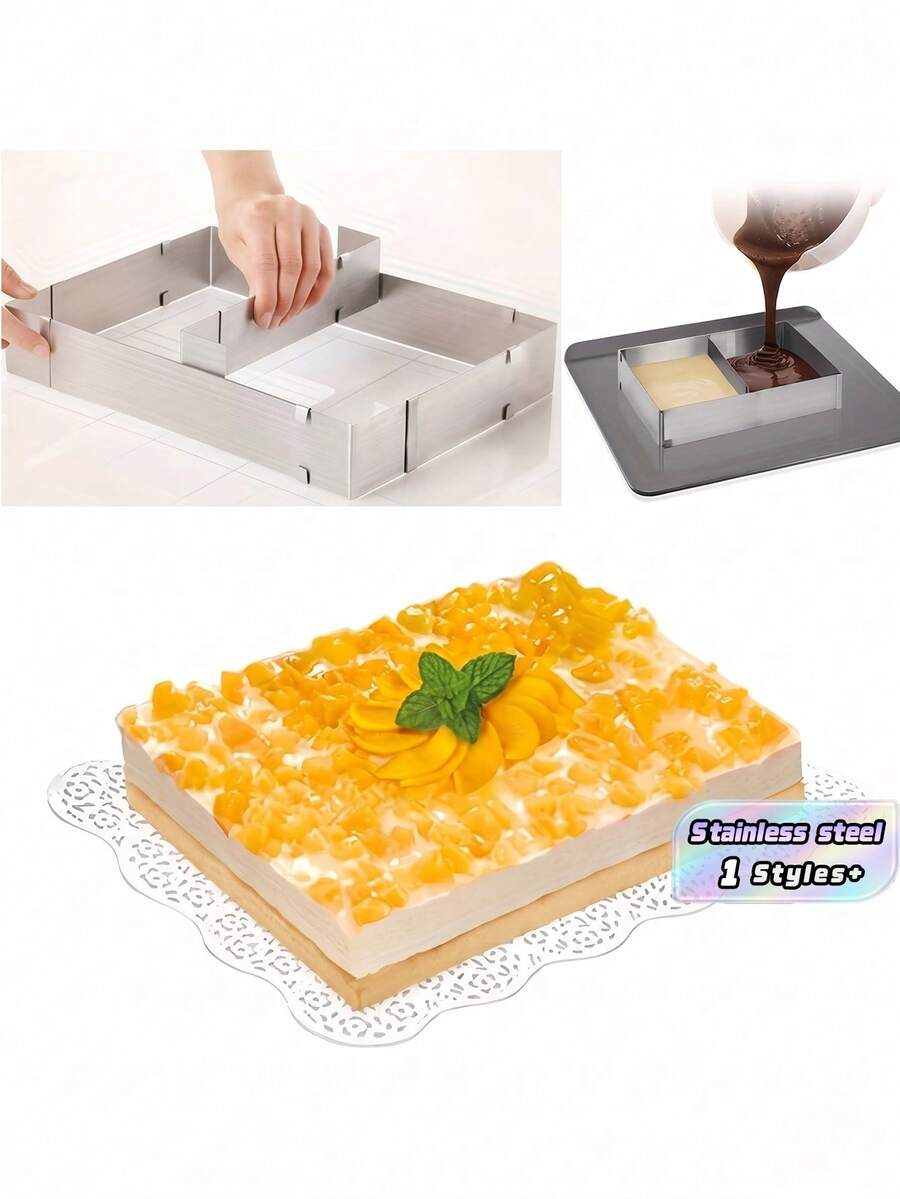 1 Piece Adjustable 11 Inch - 21 Inch Rectangular Stainless Steel Flexible Expandable Mousse Cake Mold, Suitable For Birthday Cake, Tirmisu, Bread, Pastry Baking - Baking Tool - Silver - View 1