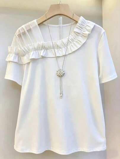 Franclia Blusa/camiseta de verano casual y elegante con cuello de volantes, parches de malla y mangas cortas para mujer