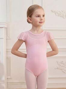 SHEIN Bộ đồ múa ba lê hai mảnh màu hồng phối lưới dành cho bé gái, bao gồm áo liền quần và váy co giãn thân thiện với da, trang phục tập luyện ngoài trời bằng vải dệt kim, đồ thể thao thoải mái. - Hồng - Xem 7