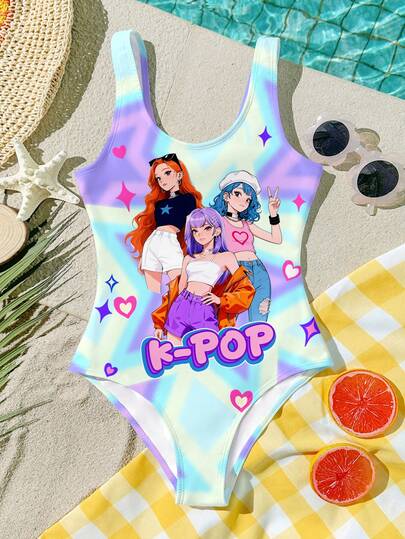Colorful Gradient Star & Cartoon Girl Graphic Print, Young Girls Casual Minimalist One-Piece Swimsuit, Suitable For Summer