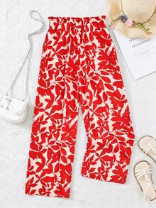 SHEIN 少女宽松休闲荷叶边叶子印花高腰阔腿裤 - 紅白色 - 查看 3
