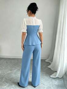 SHEIN Raffinéa Contrast Color Chiffon Patchwork Shirt And Wide Leg Pants Set - Blue - View 2