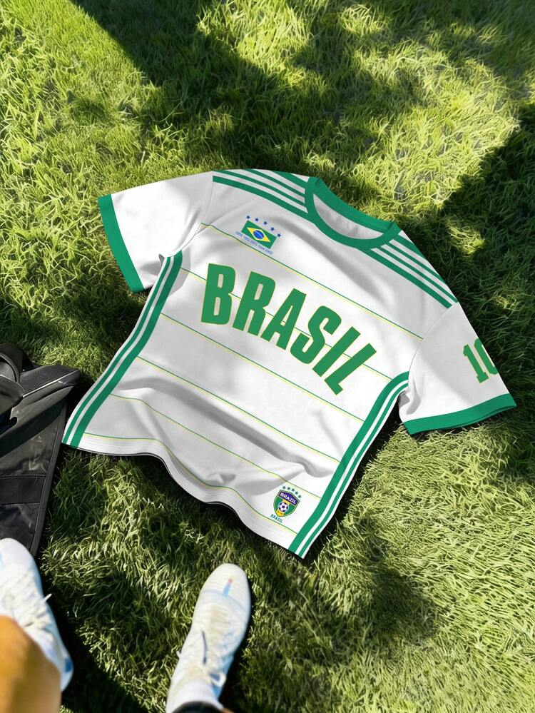 Manfinity Campus Court Top Retrô Listrada do Brasil, Camiseta Clássica de Gola Redonda Solta de Verão de Manga Curta Amarela e Verde, Camiseta Gráfica Unissex, Top Esportiva de Verão Masculina, Vestuário de Futebol - Multicolorido - Visão 4