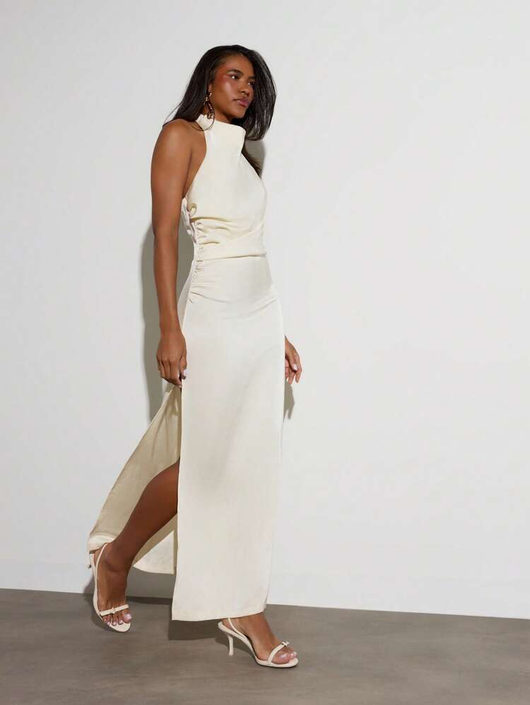 KSTM Vestido Longo Feminino Branco de Renda com Decote Halter e Sem Mangas, com Padrão Intrincado de Guipure, para Convidados de Casamento, Eventos Formais e à Noite