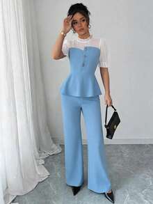 SHEIN Raffinéa Contrast Color Chiffon Patchwork Shirt And Wide Leg Pants Set - Blue - View 3