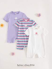 Cozy Pixies 3件套女婴碎花条纹针织柔软圆领短袖连体衣和短裤套装 - 淡紫色 - 查看 8