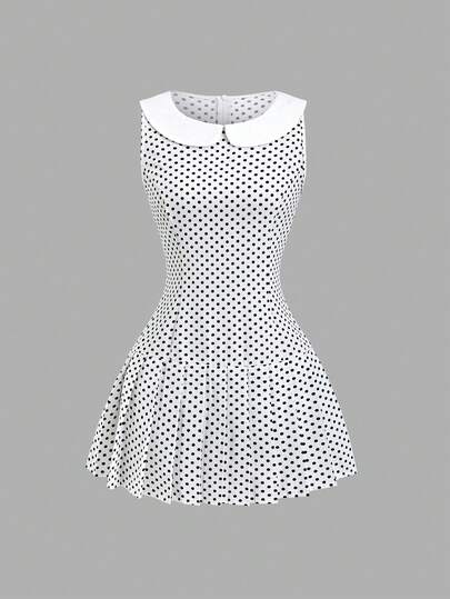 Sweetra Women's Sweetro Elegant Commuter Polka Dot Peter Pan Collar Sleeveless Dress