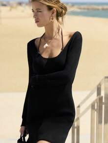 Nöista Dieses schwarze gestrickte Langarmkleid hat eine halbtransparente Textur für den Strandbereich, mit Rundhalsausschnitt und Länge bis zur Mitte des Oberschenkels. Perfekt für den Strandbereich, Sommer, Pool-Party, Abendausgang, Tragen mit Bikini darunter, Sommerfestival, Boho-Stil, Damenmode. - Schwarz - Übersicht 5