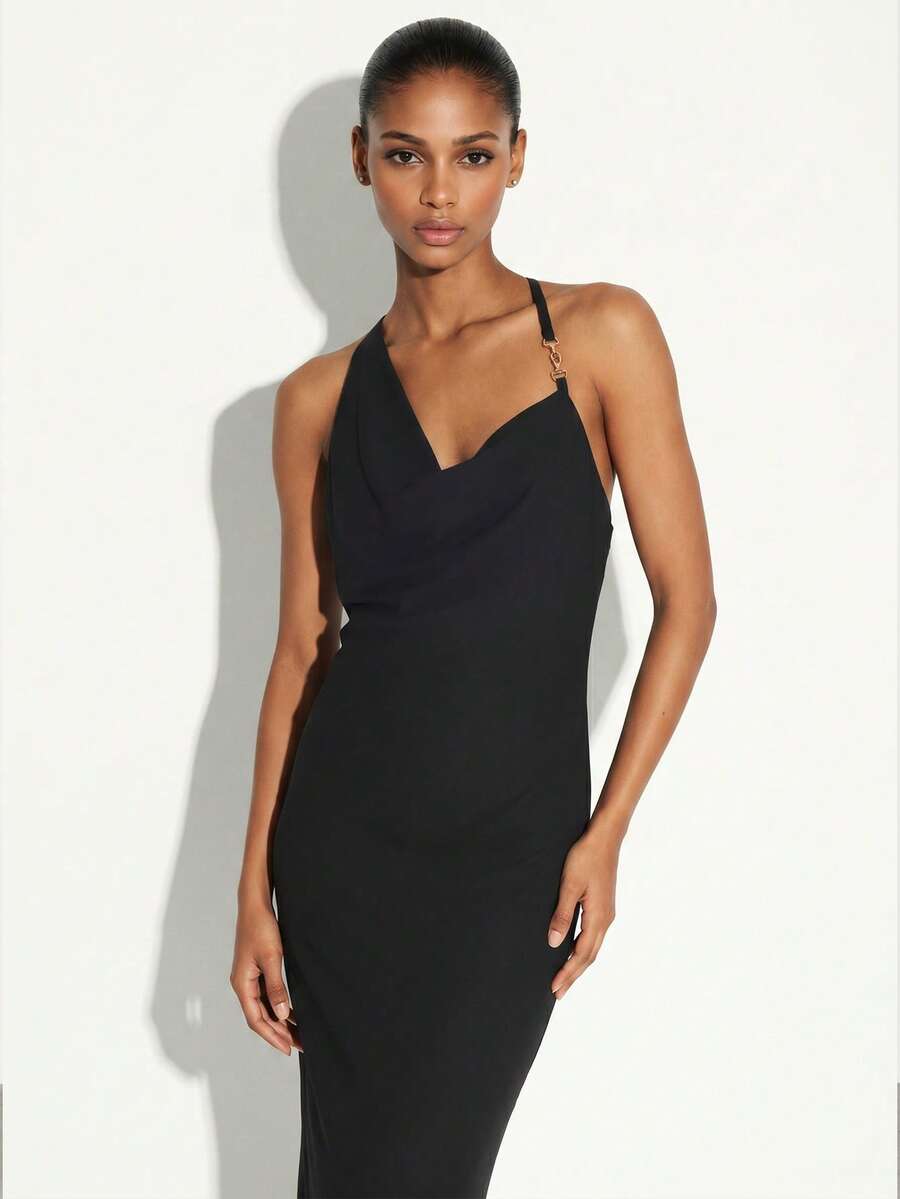 KSTM Vestido largo elegante asimétrico de cuello halter con cuello de capucha y espalda abierta para ocasiones de noche, citas, fiestas de verano - Negro - Ver 1