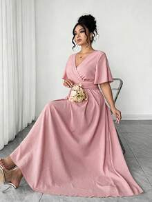 SHEIN LUNE CURVE 大码女士优雅度假休闲新款V领宽松袖连衣裙 - 藕粉色 - 查看 6