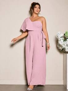Elenzga Plus Size Women's Wrap Shoulder Tie Waist Jumpsuit, Elegant For Outings, Commute And Dates - Dusty Pink - View 4