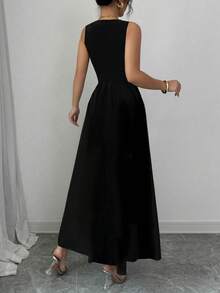 Elenzga Vestido elegante de mujer con decoración de cuentas, sin mangas y con cintura entallada - Negro - Ver 2