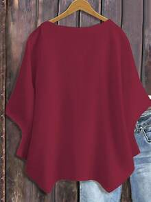EMERY ROSE Plus Size Women Summer Top,Burgundy Sommar Smart Casual Vacation Lightweight Minimalist Batwing Sleeve Crew Neck Pullover Solid Comfortable Homewear - Burgundy - View 2