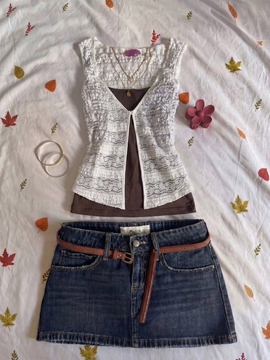Elamini Conjunto de 2 piezas de camiseta y camisola de punto jacquard elegante de capas blanca y beige para uso diario, para primavera/verano de mujer - Café integral - Ver 1