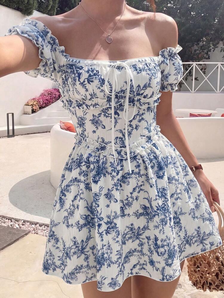 blue and white floral mini dress Women's Successfully Cute in White/Blue weather plans  the Dolly White and Blue Flower Mini Dress is the perfect blue and white floral mini dress for brunch Azazie Blue And White Floral