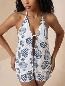 Eryvara Women's Casual Tropical Summer Fruit Print Halter Backless Tie Strap Tank Top And Shorts 2-Piece Set, Suitable For Vacation And Leisure Wear Beach - Blue - View 3