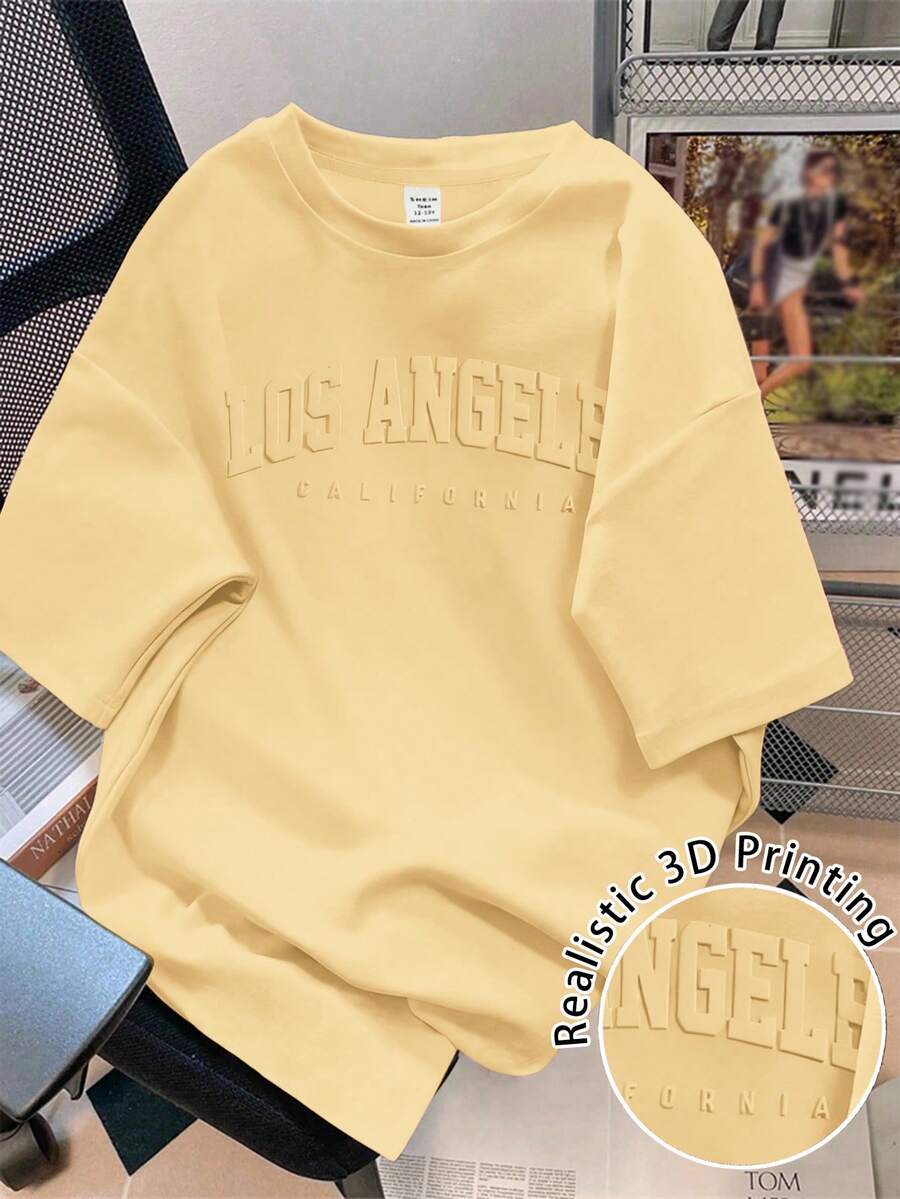 SHEIN EZwear 超大款 3D 立体米黄色英文标语图案圆领短袖宽松T恤,女士休闲夏季服饰 - 淡黃色 - 查看 1