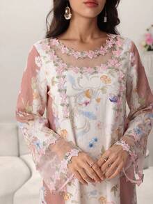 Yasmyna 女士休闲印花网纱拼接连衣裙，适合派对和外出穿着 - 彩色 - 查看 3