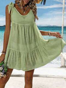 Swim Vcay Busana Musim Panas untuk Wanita, Atasan Tanpa Lengan Warna Polos Sederhana untuk Pakaian Sehari-hari di Musim Panas - Limelight Green - View 6
