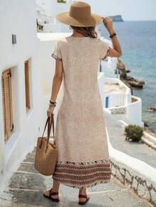 EMERY ROSE Boho Style Women's Long Dress With Pattern Multicolor Round Neck Short Batwing Sleeve Flared Hem Tunic,Casual - Multicolor - View 2