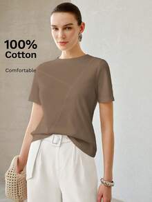 MOTF PREMIUM WOMEN'S SUMMER SOLID COLOR ASYMMETRIC SPLIT DESIGN ALL-MATCH VERSATILE ROUND NECK SHORT SLEEVE T-SHIRT - Coffee Brown - View 3
