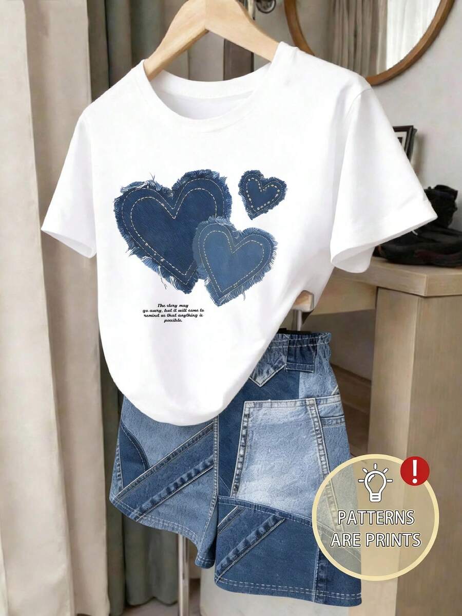 2件套女童休闲时尚蓝色拼接爱心印花白色短袖T恤和复古牛仔印花短裤，适合8-12岁女孩的百搭夏季套装 - 黑與白 - 查看 1
