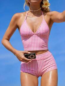 Swim Mod Women's 2-Piece Gingham Print Random Camisole Top And Shorts Bikini Set, Summer Beach - Baby Pink - View 1