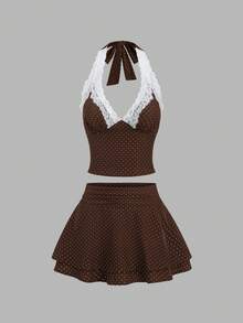 Sweetra Women's Spring/Summer Khaki Polka Dot French Romantic White Lace Patchwork Spaghetti Strap Camisole & Ruffle A-Line Mini Skirt 2-Piece Set - Coffee Brown - View 1