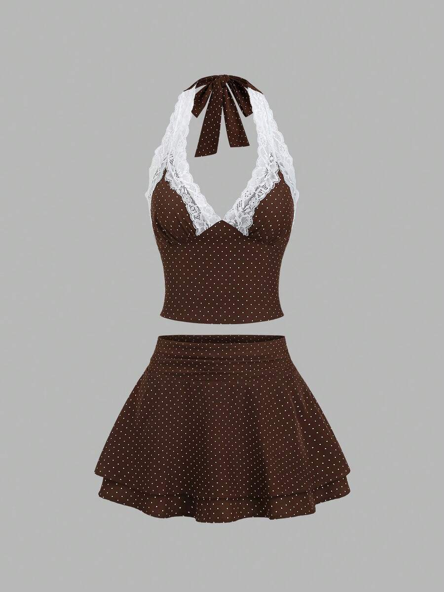 Sweetra Women's Spring/Summer Khaki Polka Dot French Romantic White Lace Patchwork Spaghetti Strap Camisole & Ruffle A-Line Mini Skirt 2-Piece Set - Coffee Brown - View 1
