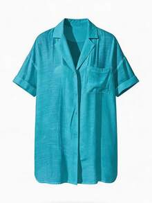 SHEIN Swim Women's Solid Color Minimalist Daily Short Sleeve Kimono Cover Up - Teal Blue - View 5