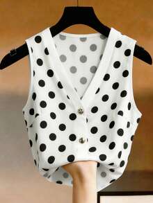 Franclia Áo tank top nữ cổ chữ V không tay, cài một hàng cúc, kẻ sọc, kiểu dáng tối giản, đa năng dành cho công sở. - màu đen - Xem 3