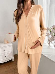 Moonlight&Mama Contrast Color Trim V-Neck Cardigan, Letter Embroidery Long Sleeve & Pants Maternity Lounge Set - Yellow - View 5