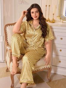 MuseNap CURVE Plus Size Faux Silk Geometric Print Lapel Short Sleeve Pajama Set - Yellow - View 6