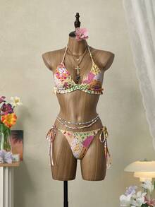 Swim Mod 女款 3 件組夏季泳衣套裝，多色拼接碎花蕾絲飾邊綁帶三角杯上衣搭配抽繩抓皺迷你裙 - 彩色 - 查看 5