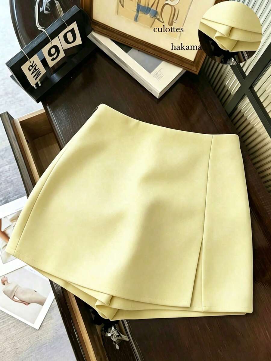Franclia Petite 女款時尚休閒高腰開衩下擺短褲,四季皆宜,適合嬌小女性 - 淡黃色 - 查看 1