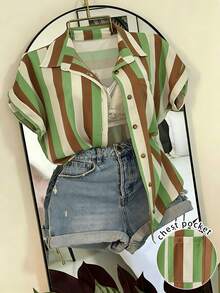 EMERY ROSE Striped Print Front Button Pocket Casual Vacation Short Sleeve Shirt - Multicolor - View 1