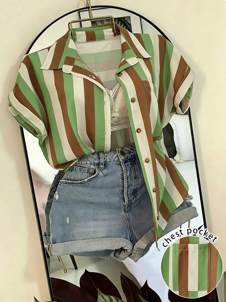 EMERY ROSE Striped Print Front Button Pocket Casual Vacation Short Sleeve Shirt - Multicolor - View 1